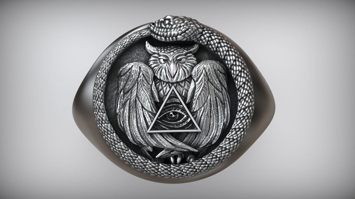 Snake Ouroboros Owl Eye Of Providence Masonic Ring