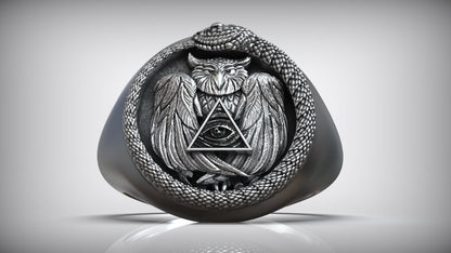 Snake Ouroboros Owl Eye Of Providence Masonic Ring
