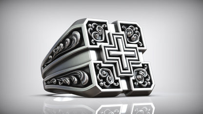 Unique Engraving Square Cross Pattern Sterling Silver Signet Ring