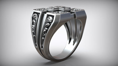 Unique Engraving Square Cross Pattern Sterling Silver Signet Ring