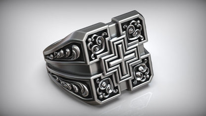 Unique Engraving Square Cross Pattern Sterling Silver Signet Ring
