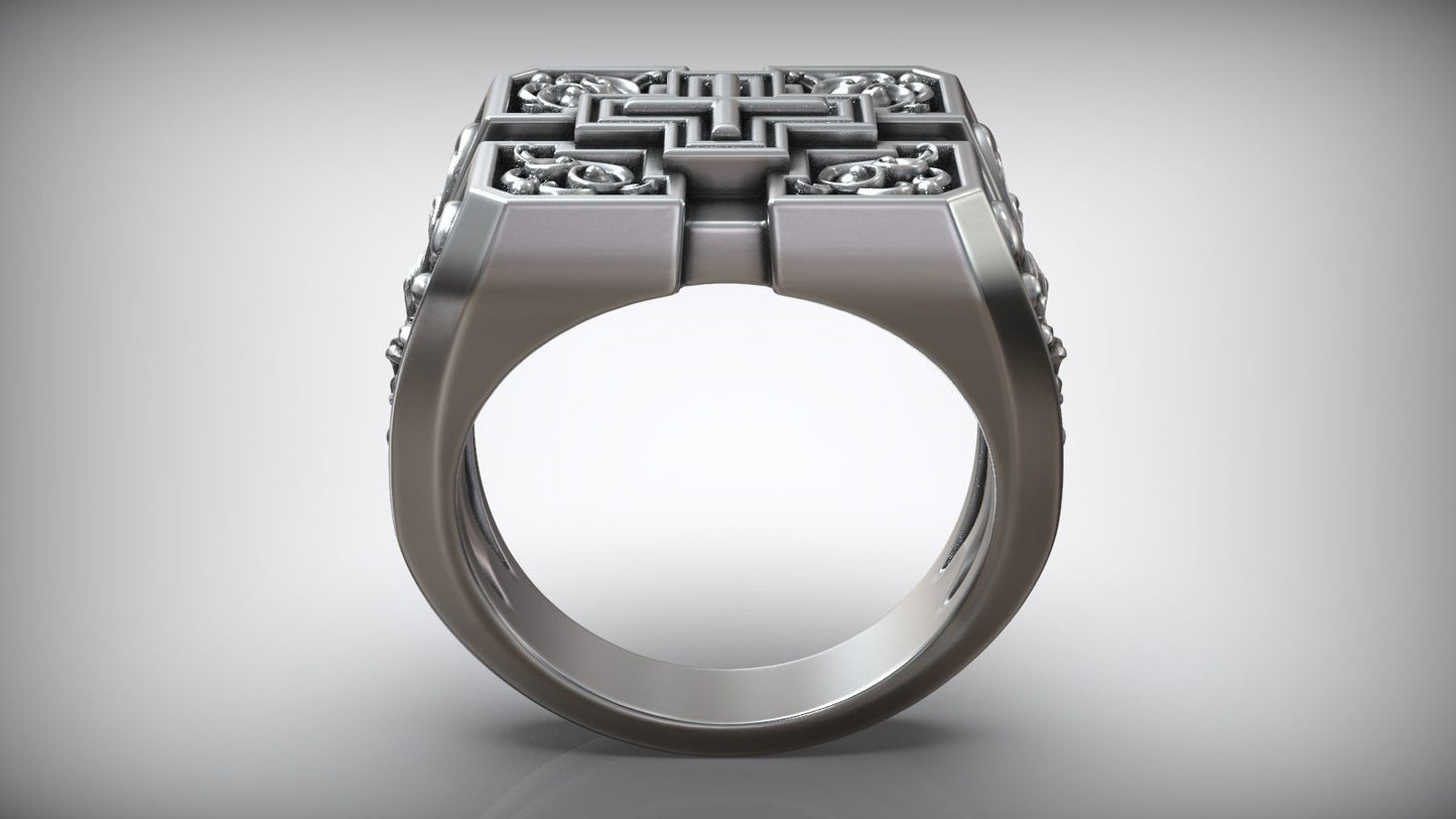 Unique Engraving Square Cross Pattern Sterling Silver Signet Ring