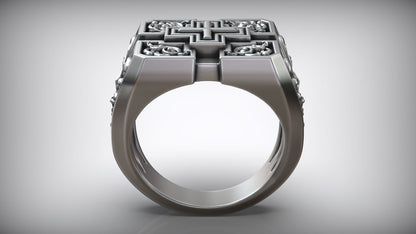 Unique Engraving Square Cross Pattern Sterling Silver Signet Ring