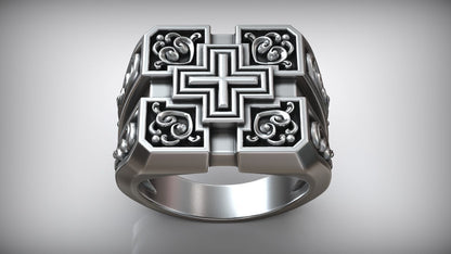Unique Engraving Square Cross Pattern Sterling Silver Signet Ring