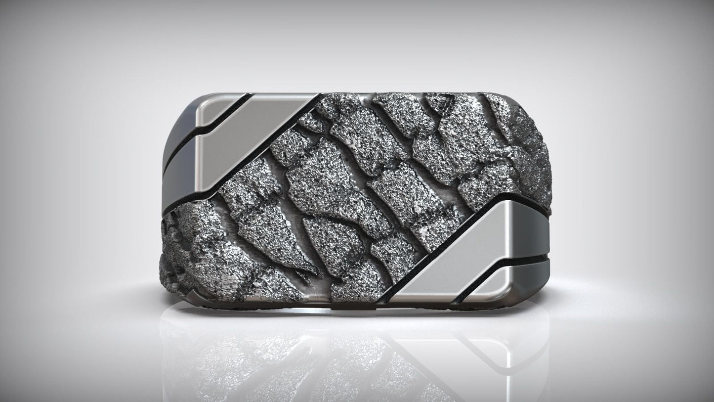 Handmade Stone Rock Pattern Signet Men Sterling Silver Ring