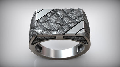 Handmade Stone Rock Pattern Signet Men Sterling Silver Ring