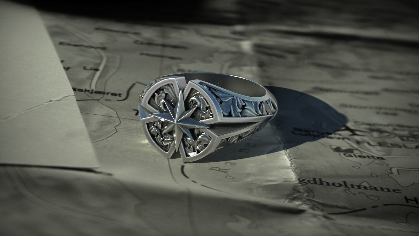 Wind Rose Star Compass Traveler Pattern Signet Ring