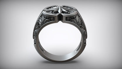 Wind Rose Star Compass Traveler Pattern Signet Ring