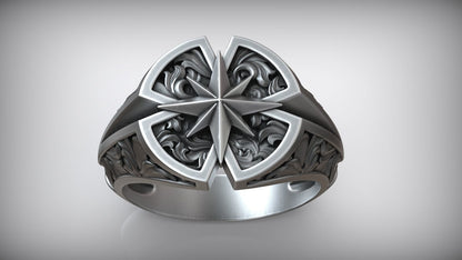 Wind Rose Star Compass Traveler Pattern Signet Ring