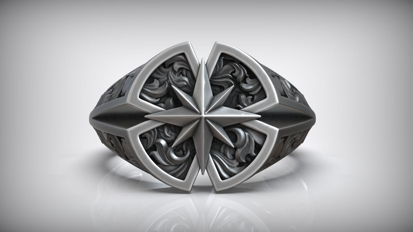 Wind Rose Star Compass Traveler Pattern Signet Ring