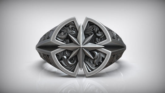 Wind Rose Star Compass Traveler Pattern Signet Ring